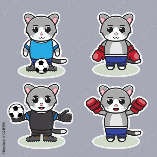 Fototapeta Naklejka Na Ścianę i Meble -  Vector illustration of cute Little Cat   Boxing and Football cartoon set. Good for icon, logo, label, sticker, clipart.