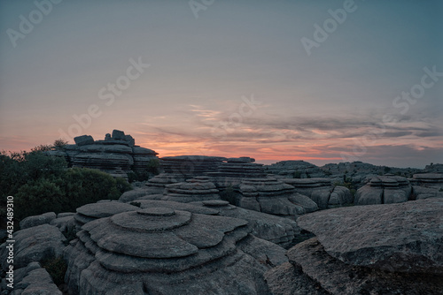 Image of typical rock formation of El Torcal de Antequera natural park at sunset