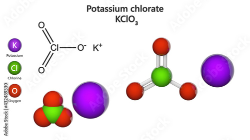 Potassium chlorate (KClO3 or ClKO3). It is used as a disinfectant, in explosives and fireworks. 3D illustration. Chemical structure model: Ball and Stick + Space-Filling. White background.