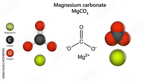 Magnesium carbonate, MgCO3 (magnesia alba), is an inorganic salt. 3D illustration. Chemical structure model: Ball and Stick + Space-Filling. White background.