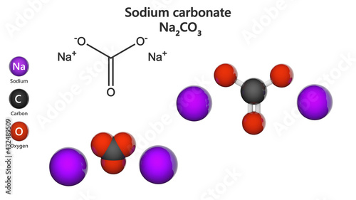 Sodium carbonate, formula: Na2CO3 or CNa2O3. Other names: Soda ash, washing soda, soda crystals. 3D illustration. Chemical structure model: Ball and Stick + Space-Filling. White background.