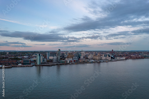 Aerial shot of the Liverpool skyline featuring the Three Graces