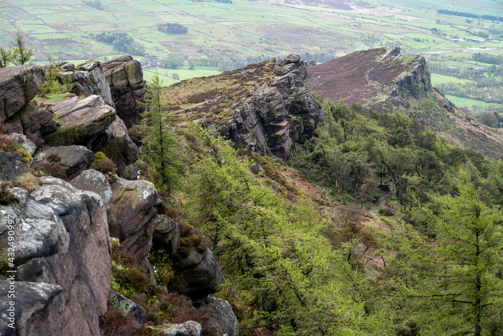 Panoramic view from The Roaches at sunrise in the Peak District National Park.