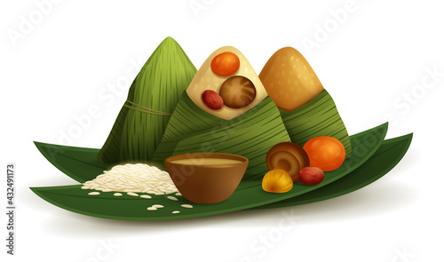 Dragon Boat Festival rice dumpling and ingredient recipe. Isolated.