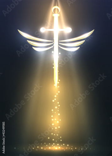 Vector illustration of a sparkling sword and wings on a dark background.