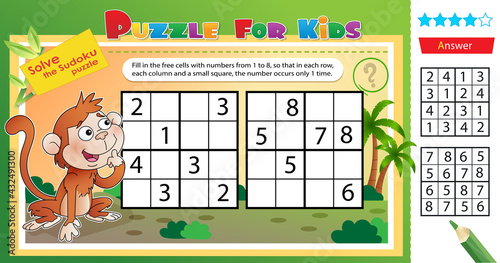 Solve the sudoku puzzle together with the little monkey. Logic puzzle for kids. Education game for children. Worksheet vector design for schoolers.