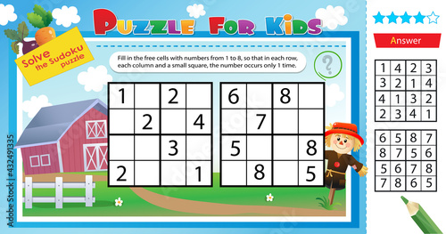 Solve the farm sudoku puzzle. Logic puzzle for kids. Education game for children. Worksheet vector design for schoolers.