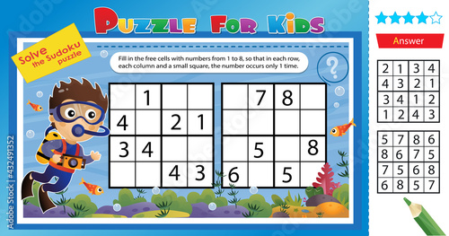 Solve the sudoku puzzle together with the scuba diver. Logic puzzle for kids. Education game for children. Worksheet vector design for schoolers.