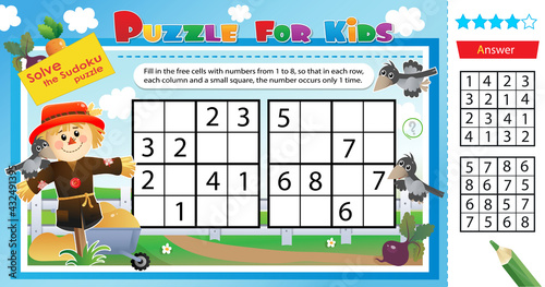 Solve the sudoku puzzle together with the bogeyman. Logic puzzle for kids. Education game for children. Worksheet vector design for schoolers.