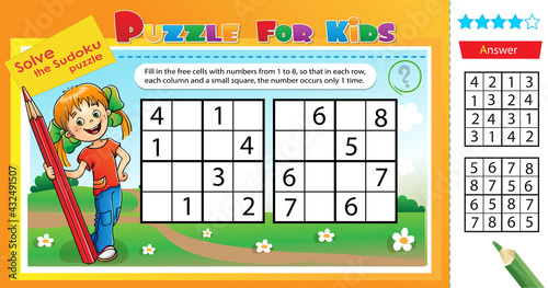 Solve the sudoku puzzle. Logic puzzle for kids. Education game for children. Worksheet vector design for schoolers.