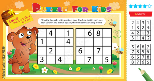 Solve the sudoku puzzle together with the little bear. Logic puzzle for kids. Education game for children. Worksheet vector design for schoolers.