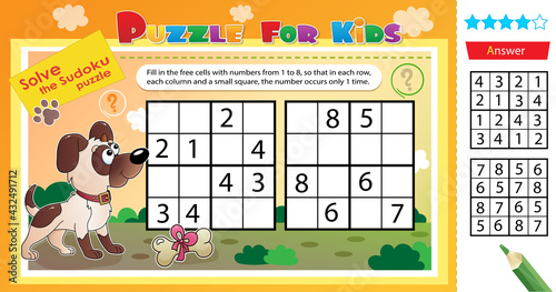 Solve the sudoku puzzle together with the dog. Logic puzzle for kids. Education game for children. Worksheet vector design for schoolers.