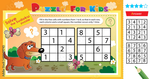 Solve the sudoku puzzle together with the dog. Logic puzzle for kids. Education game for children. Worksheet vector design for schoolers.