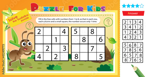 Solve the sudoku puzzle together with the little ant. Logic puzzle for kids. Education game for children. Worksheet vector design for schoolers.