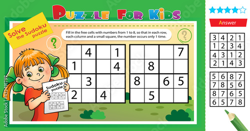 Solve the sudoku puzzle. Logic puzzle for kids. Education game for children. Worksheet vector design for schoolers.