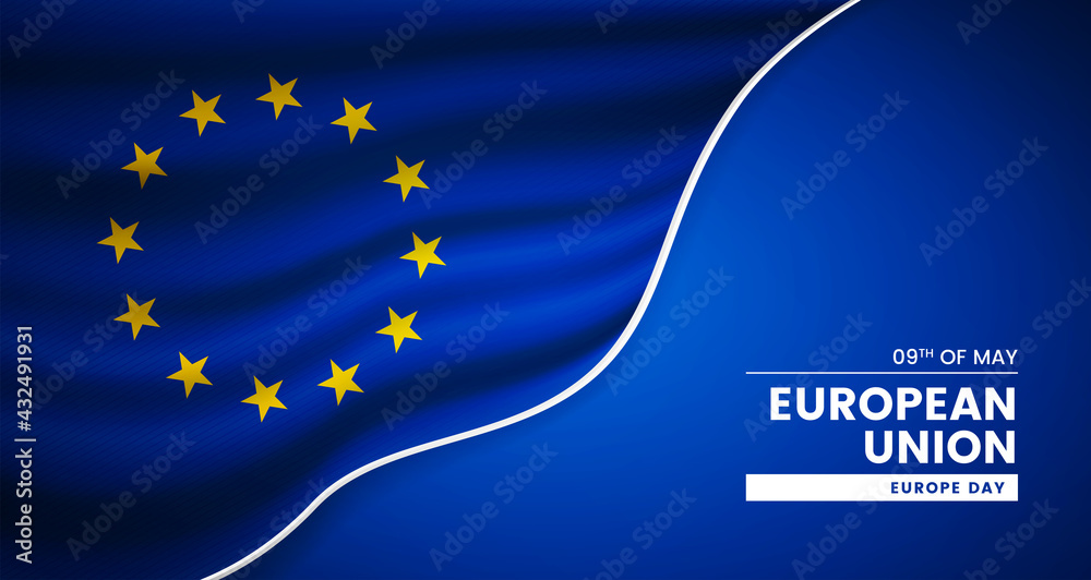 Fototapeta premium Abstract europe day of European Union background with elegant fabric flag and typographic illustration