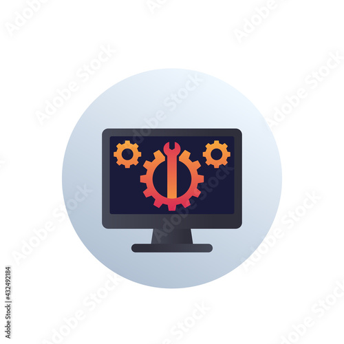 repair service, gears on computer screen, vector icon