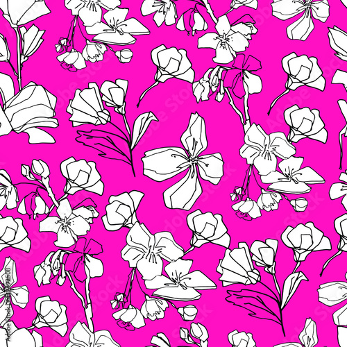 Pattern with sakura buds, apple cherry blossom. Medicinal herbs, rapeseed. Beautiful hand-drawn graphics. For textile, wallpaper, design, paper, banner. Stock graphics, isolate. 