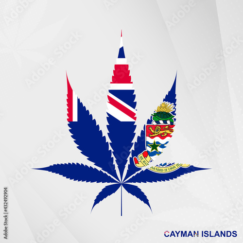 Flag of Cayman Islands in Marijuana leaf shape. The concept of legalization Cannabis in Cayman Islands.