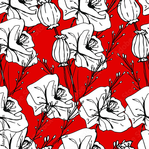 Summer pattern with wildflowers, dried flowers. Poppy, poppy box, medicinal herbs, spikelet. Beautiful hand-drawn graphics. For textile, wallpaper, design, paper, banner. Stock graphics, isolate. 