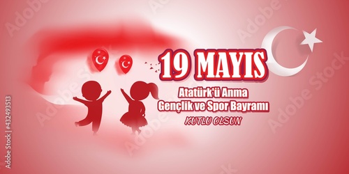 Vector illustration concept of 19 Mayis Atatürk'ü Anma, Gençlik ve Spor Bayramı meaning 19 May Commemoration of Atatürk, Youth and Sports Day.