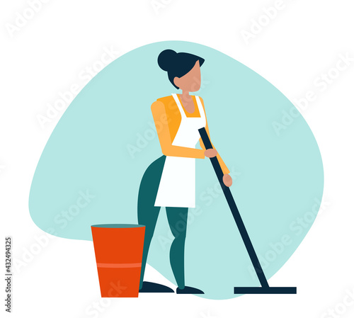 Vector of a young woman cleaning mopping floor.