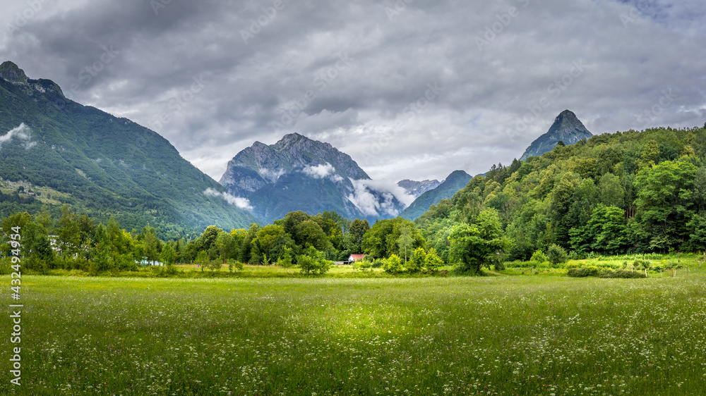 Beautiful landscape in Bovec with the Julian Alps in the back, Triglav National Park, Slovenia.