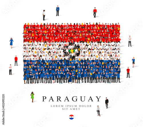 A large group of people are standing in blue, black, white and red robes, symbolizing the flag of Paraguay.