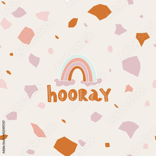 Hand drawn rainbow with hooray lettering. Vector cartoon illustration in Boho style. Background with elements. Modern concept of flat design for kids cards, banners and invitations. 