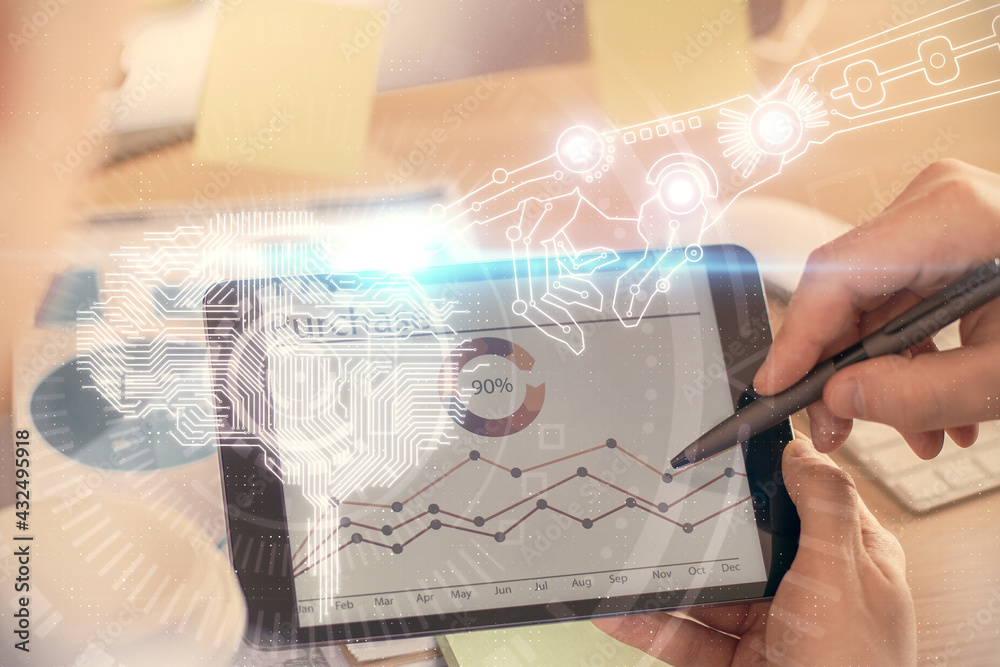 Double exposure of man's hand holding and using a digital device and brain hologram drawing. Data concept. Double exposure of man's hand holding and using a digital device and brain hologram drawing. Data concept.