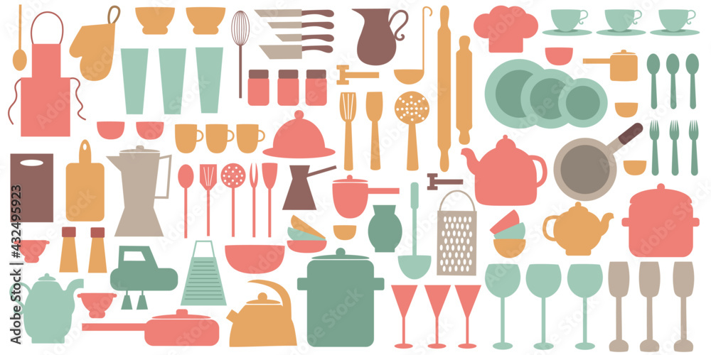 A set of dishes and kitchen utensils for cooking. Flat vector ...