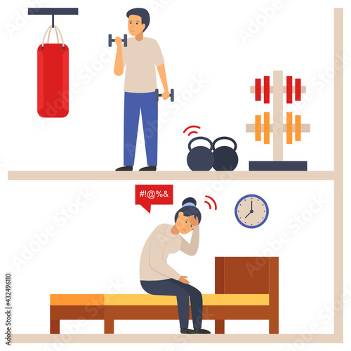 loud stomping upper floor Concept, Exercise in an upstairs flat  Vector Color Icon Design, neighbourhood conflicts Stock illustration, bad neighbors Symbol, 