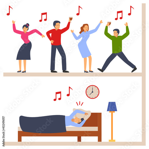 Music Lovers Concept, noisy upper floor Neighbours Vector Color Icon Design, neighbourhood conflicts Stock illustration, bad neighbors Symbol, sleeping disturbance sign
