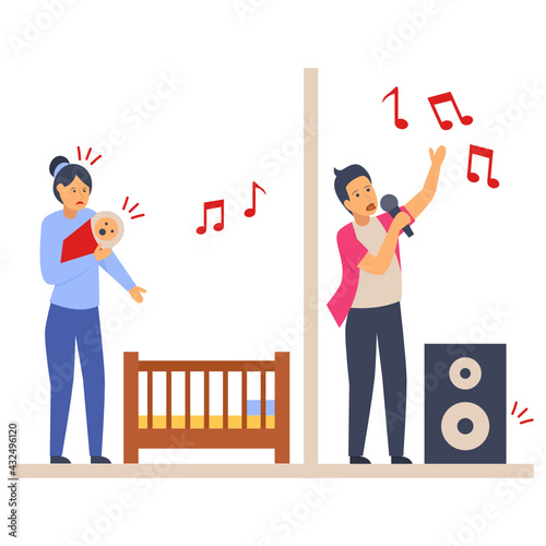Noisy neighbour Singer Concept,  Baby Cant Sleep Due Loud Music Vector Color Icon Design, neighbourhood conflicts Stock illustration, bad neighbors Symbol
