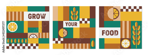 Agriculture banner set  organic food mosaic design illustrations
