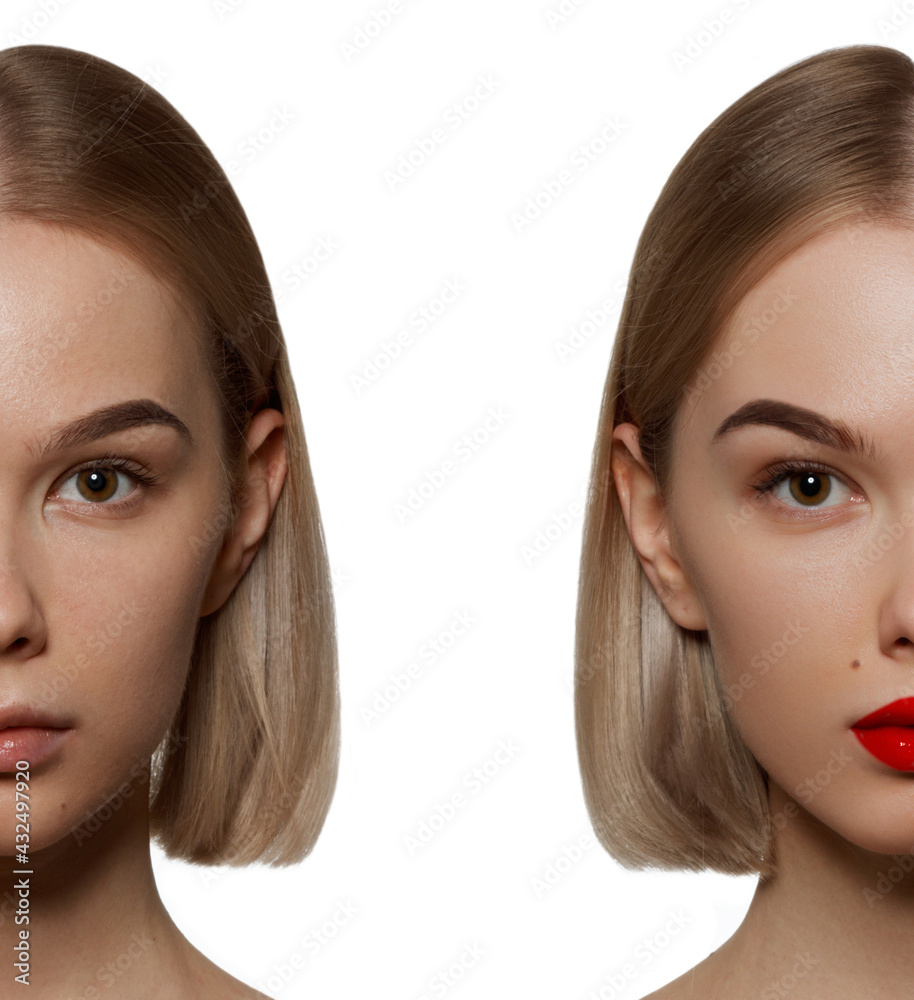 Beautiful young woman before and after makeup applying . Comparison portrait . Two parts of