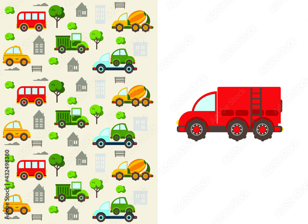Fototapeta premium Baby city cars. Vector cartoon illustrations for kids, nursery, poster, card, birthday party, baby t-shirts.