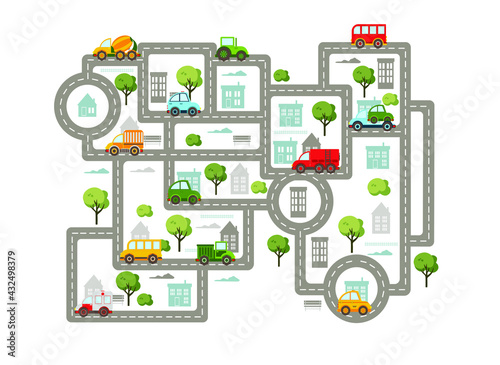 Baby City map with roads, transport, trees and houses. Flat vector illustration.