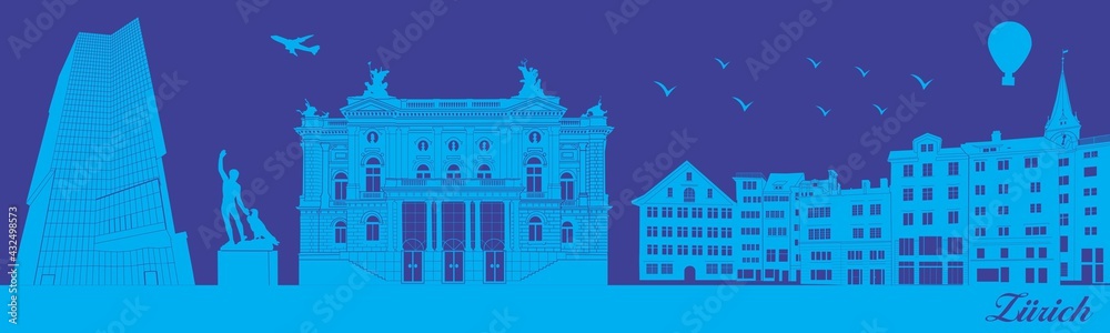 Vector city skyline silhouette - illustration, 
Town in blue background, 
Zurich Switzerland