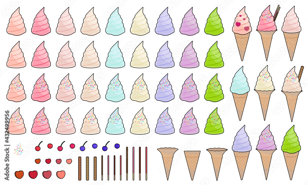 パステルカラーなソフトクリームセット ベクターイラスト 線あり パステルカラーなソフトクリームセット ベクターイラスト 線あり