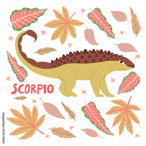 Cartoon Scorpio dinosaur zodiac sign isolated on white background. Hand drawn jurassic reptile with scorpion tail stinger. Kids animal, horoscope funny vector illustration. Childish t shirt print