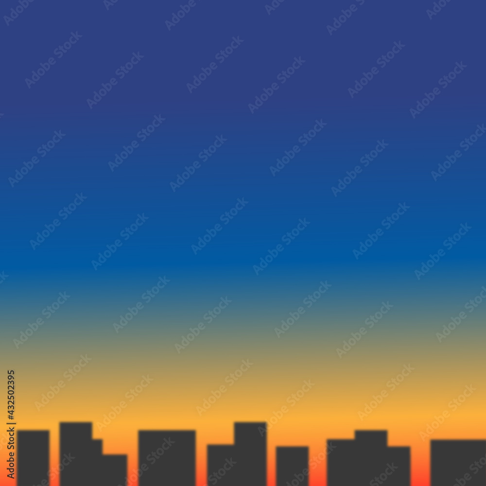 Landscape of the evening city. With silhouettes of skyscrapers and a sunset. Illustration.