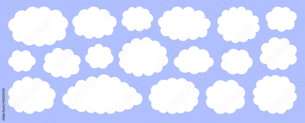 White flat vector cloud set. Clouds cartoon symbols on blue background with shadow for web site design, logo, app. Bubble icon collection for infographic design. Label and stickers