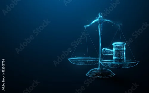 Obraz Scale icon Hammer of Justice in the Law and Justice. Low poly schemes, particles, lines, and triangles 3d vector illustration