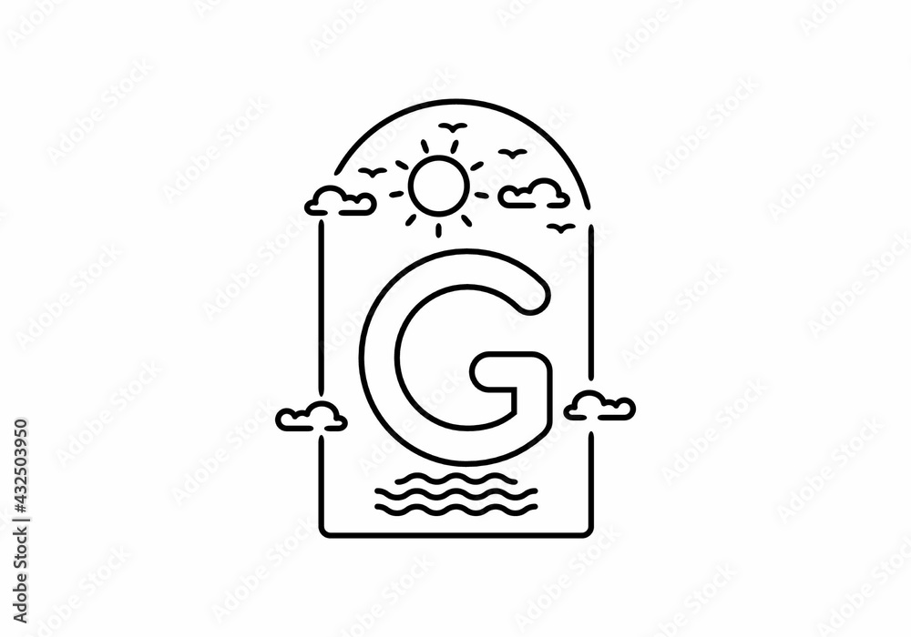 Line art illustration of beach with G initial name