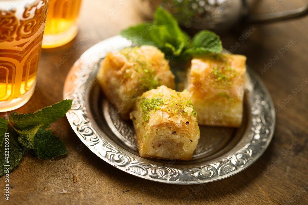 Traditional homemade Turkish baklava with pistachios