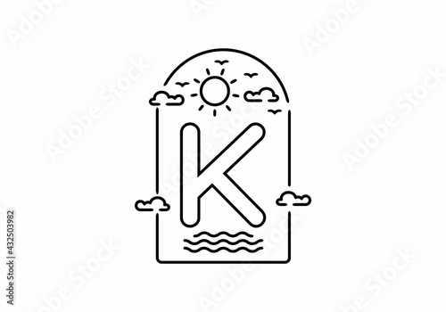 Line art illustration of beach with K initial name