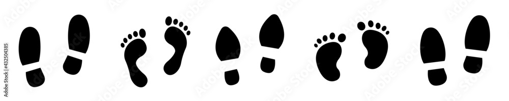 Silhouette of different human footprints. Set Baby, Men and Woman footsteps. Vector illustration. Silhouette of different human footprints. Set Baby, Men and Woman footsteps. Vector illustration.