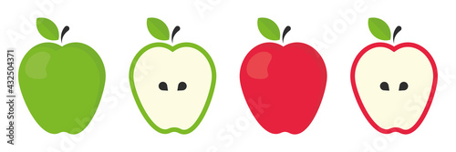 Apples vector illustration. Collection green and red apple icon in flat style. Whole and half sliced fruit with leaf isolated on white background.