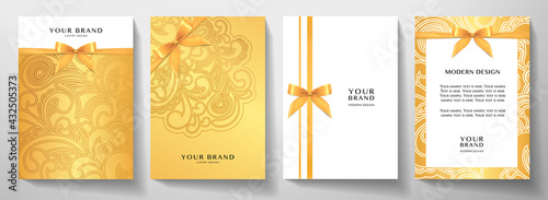 Luxury gold cover, frame design set. Holiday golden floral pattern (curve ornament) background with gold ribbon (bow). Elegant vector template for vip invitation, wedding invite card, gift card